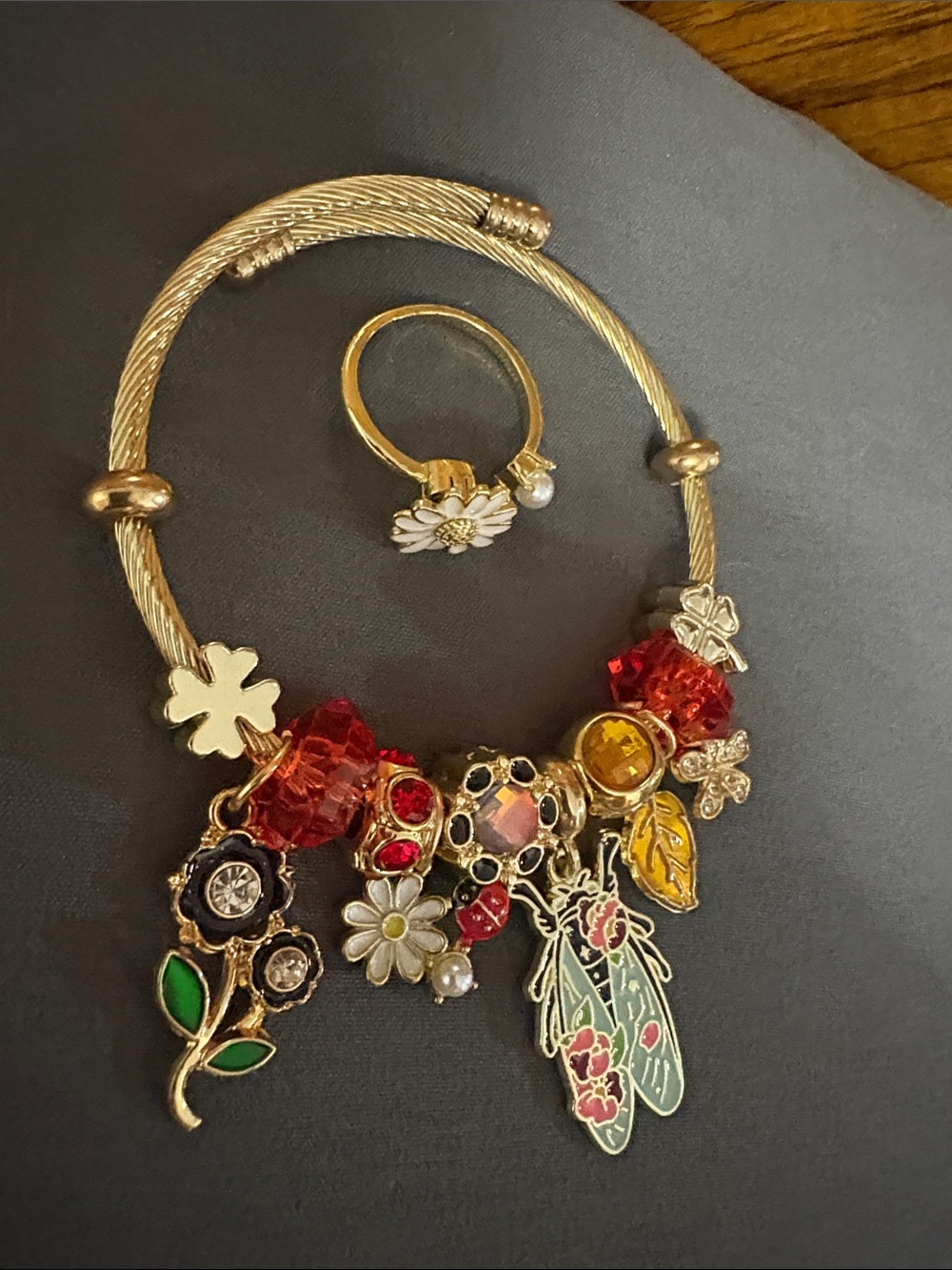 Gold-Tone Floral & Red Charm Bracelet with Matching Daisy Ring